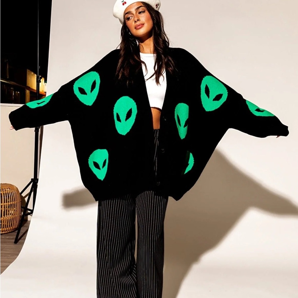Dressed in LALA Black Cardigan with Green Alien Design